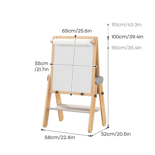3-In-1 Foldable Wooden Kids Easel with Paper Roll Holder, Double Sided, Height Adjustable