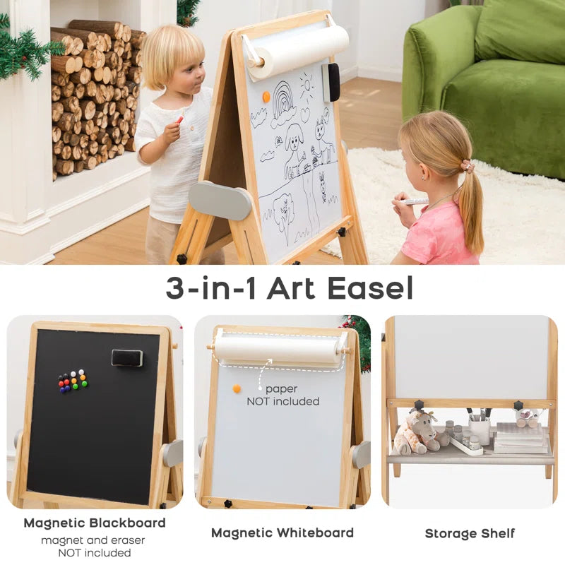 3-In-1 Foldable Wooden Kids Easel with Paper Roll Holder, Double Sided, Height Adjustable
