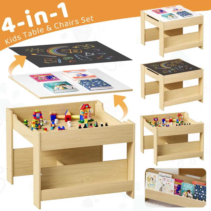 Kids Table And Chairs Set, 4 In 1 Toddler Art Desk With Storage Drawer, Wooden Activity Deskboard, Blackboard, Reversible & Detachable Tabletop, Bookshelf For Drawing, Playing, Learning(beige)