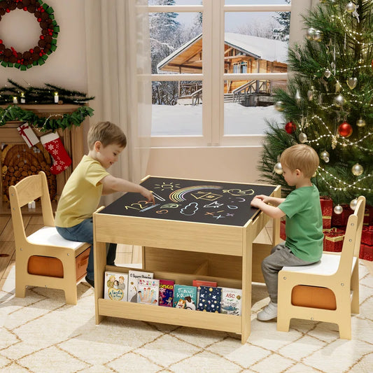 Kids Table And Chairs Set, 4 In 1 Toddler Art Desk With Storage Drawer, Wooden Activity Deskboard, Blackboard, Reversible & Detachable Tabletop, Bookshelf For Drawing, Playing, Learning(beige)