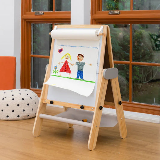 3-In-1 Foldable Wooden Kids Easel with Paper Roll Holder, Double Sided, Height Adjustable