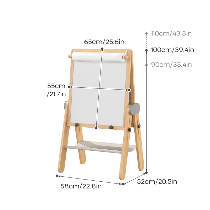 3-In-1 Foldable Wooden Kids Easel with Paper Roll Holder, Double Sided, Height Adjustable