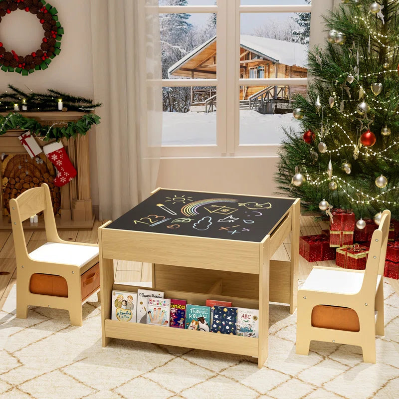 Kids Table And Chairs Set, 4 In 1 Toddler Art Desk With Storage Drawer, Wooden Activity Deskboard, Blackboard, Reversible & Detachable Tabletop, Bookshelf For Drawing, Playing, Learning(beige)
