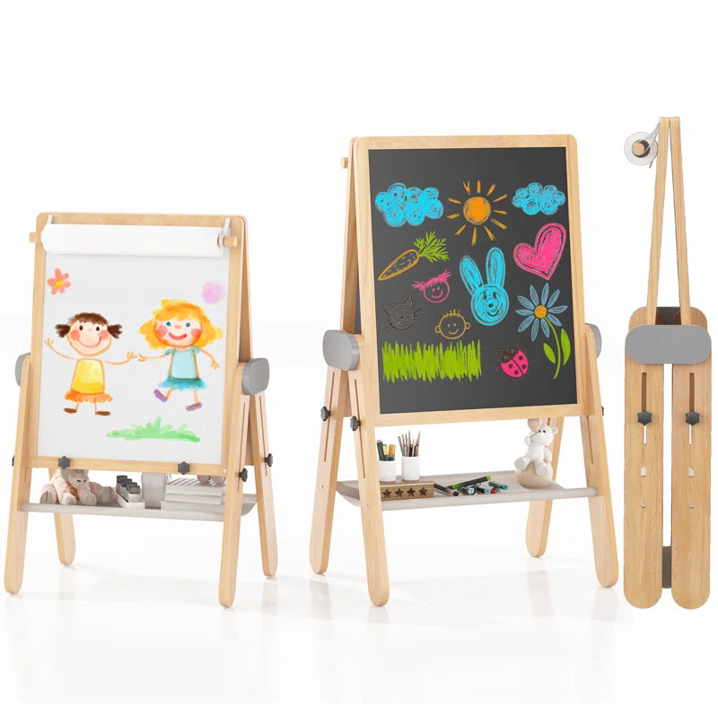 3-In-1 Foldable Wooden Kids Easel with Paper Roll Holder, Double Sided, Height Adjustable