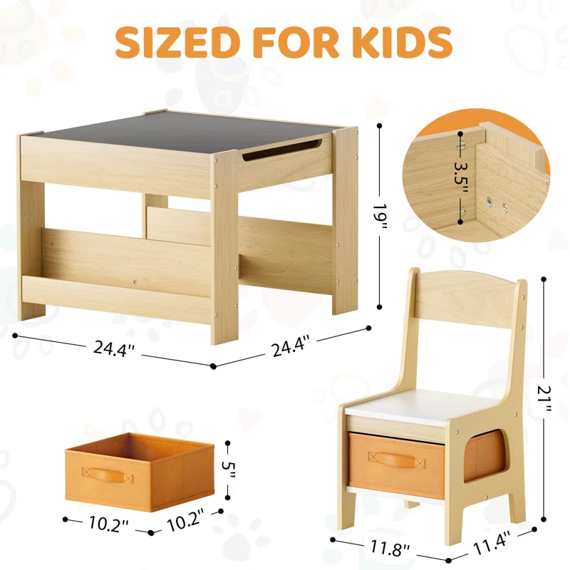 Kids Table And Chairs Set, 4 In 1 Toddler Art Desk With Storage Drawer, Wooden Activity Deskboard, Blackboard, Reversible & Detachable Tabletop, Bookshelf For Drawing, Playing, Learning(beige)