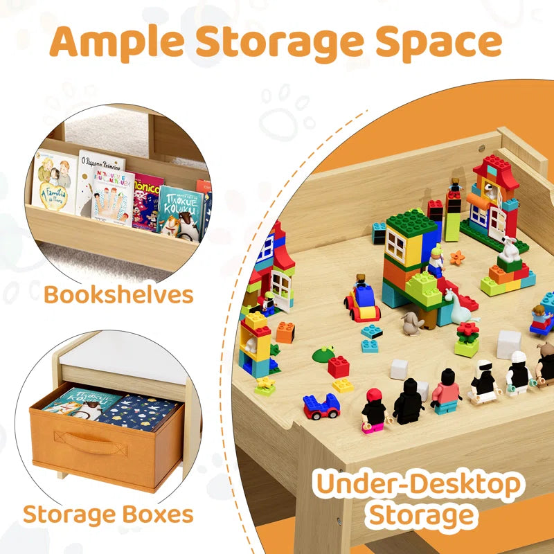 Kids Table And Chairs Set, 4 In 1 Toddler Art Desk With Storage Drawer, Wooden Activity Deskboard, Blackboard, Reversible & Detachable Tabletop, Bookshelf For Drawing, Playing, Learning(beige)