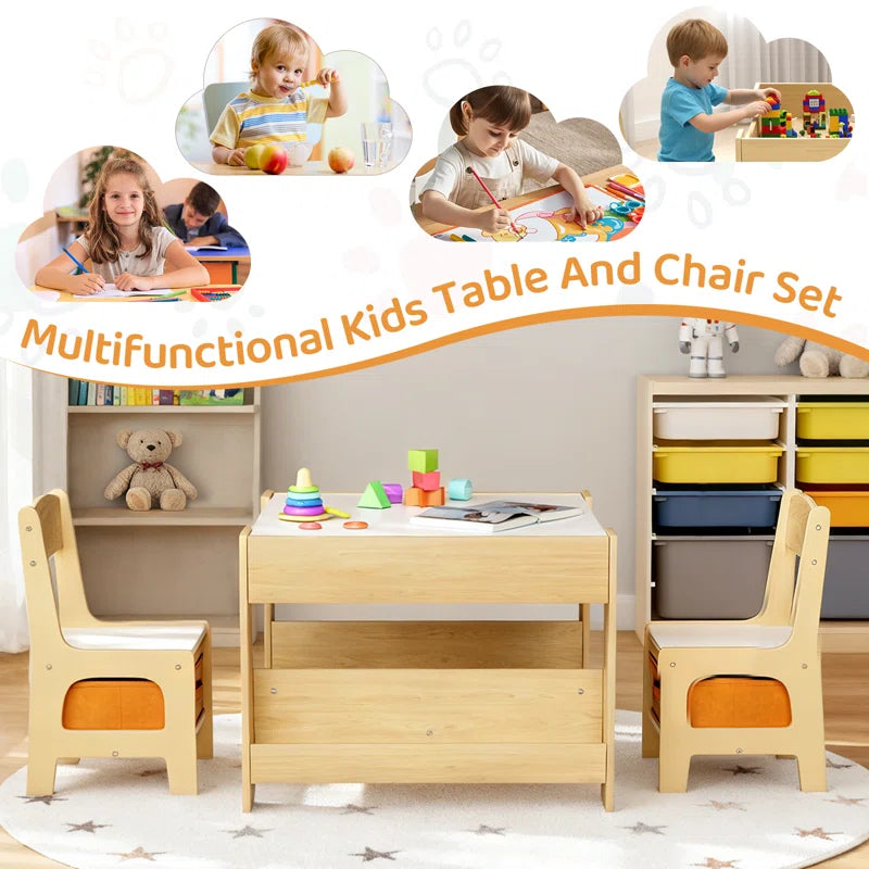 Kids Table And Chairs Set, 4 In 1 Toddler Art Desk With Storage Drawer, Wooden Activity Deskboard, Blackboard, Reversible & Detachable Tabletop, Bookshelf For Drawing, Playing, Learning(beige)